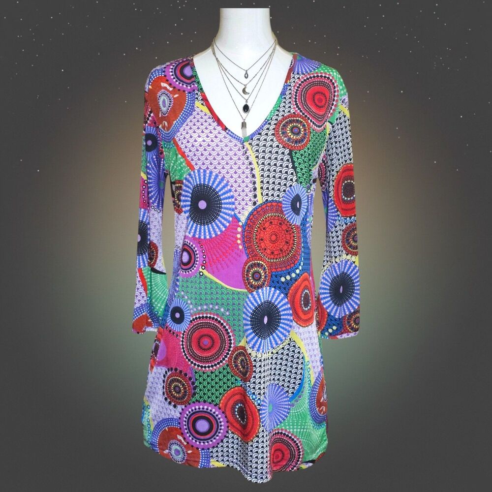 Highness Wmns M Psychedelic Geo Print Dress Retro Artsy Boho Stretch